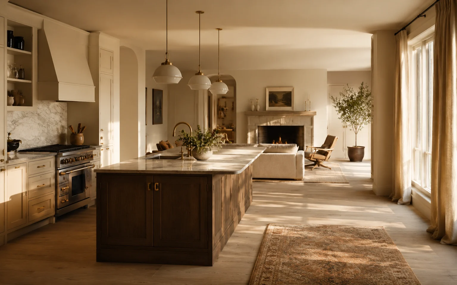Cocina a medida terminada, bañada por la luz de la tarde en una vivienda de Asturias.