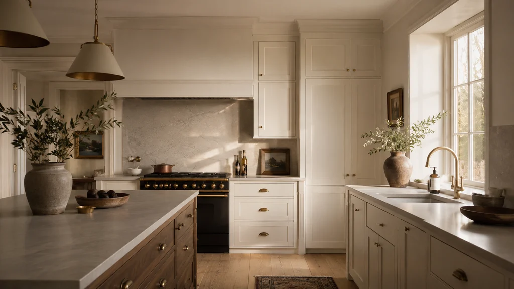 Cocina lacada en blanco hueso con encimera de piedra clara, en Gijón