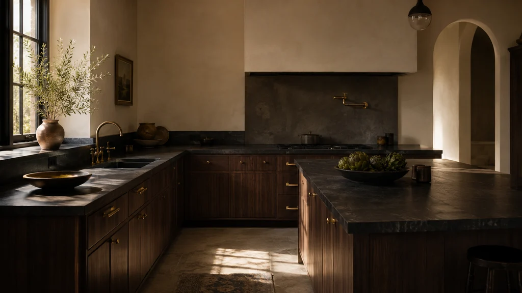 Cocina en chapa de nogal con encimera de piedra oscura, en Avilés