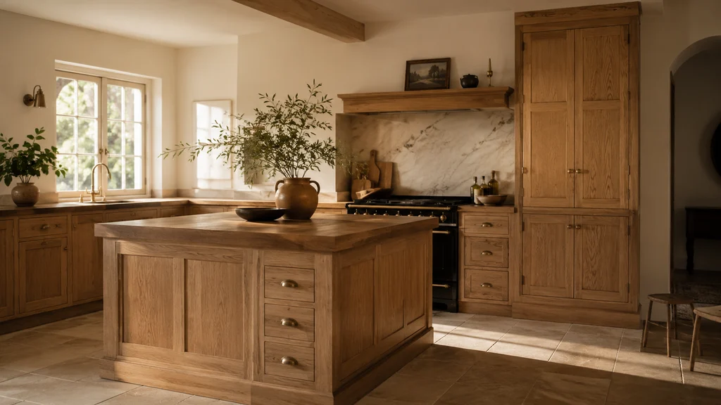 Cocina de roble a medida con isla central y encimera de madera, en Oviedo