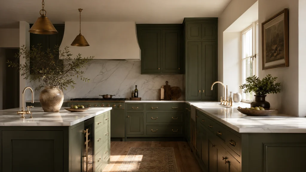 Cocina lacada en verde bosque con encimera de mármol y latón, en Oviedo
