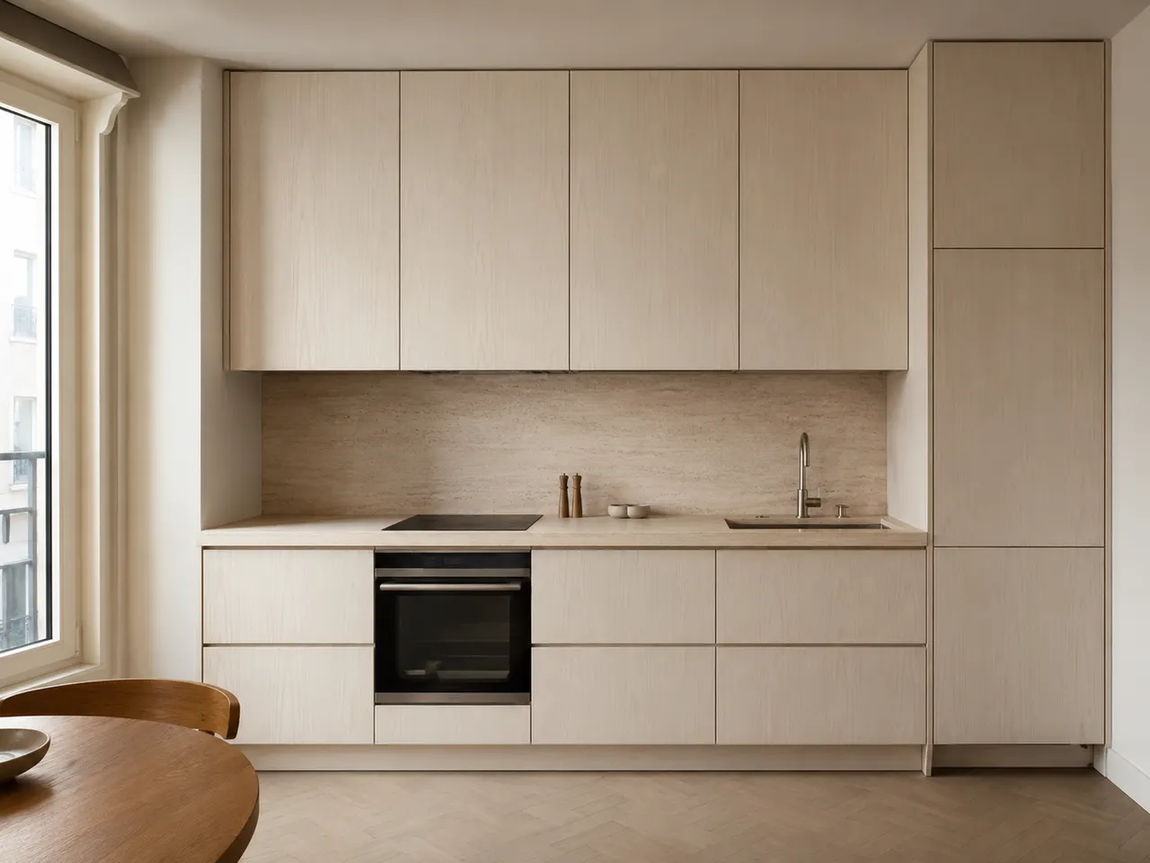 Cocina a medida en roble con isla central y frentes lacados, en una vivienda de Oviedo.