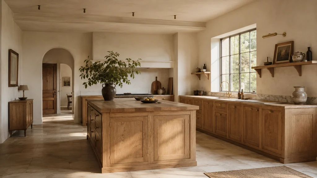 Cocina de roble a medida en una casa de Asturias, con isla central y encimera de piedra junto a la ventana.