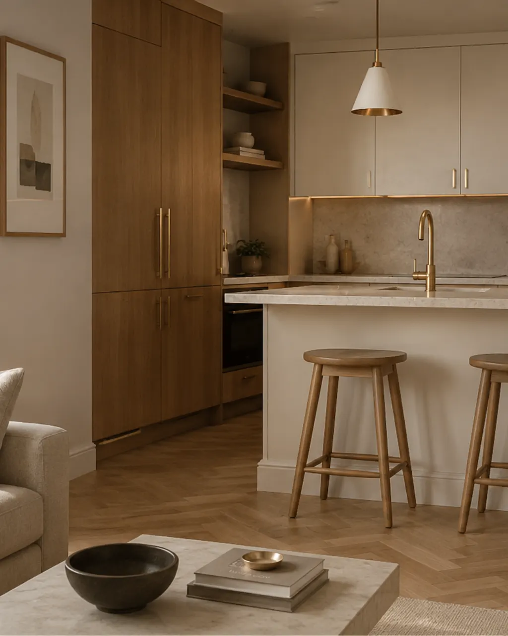 Cocina abierta al salón en un piso, con isla y taburetes, en Oviedo