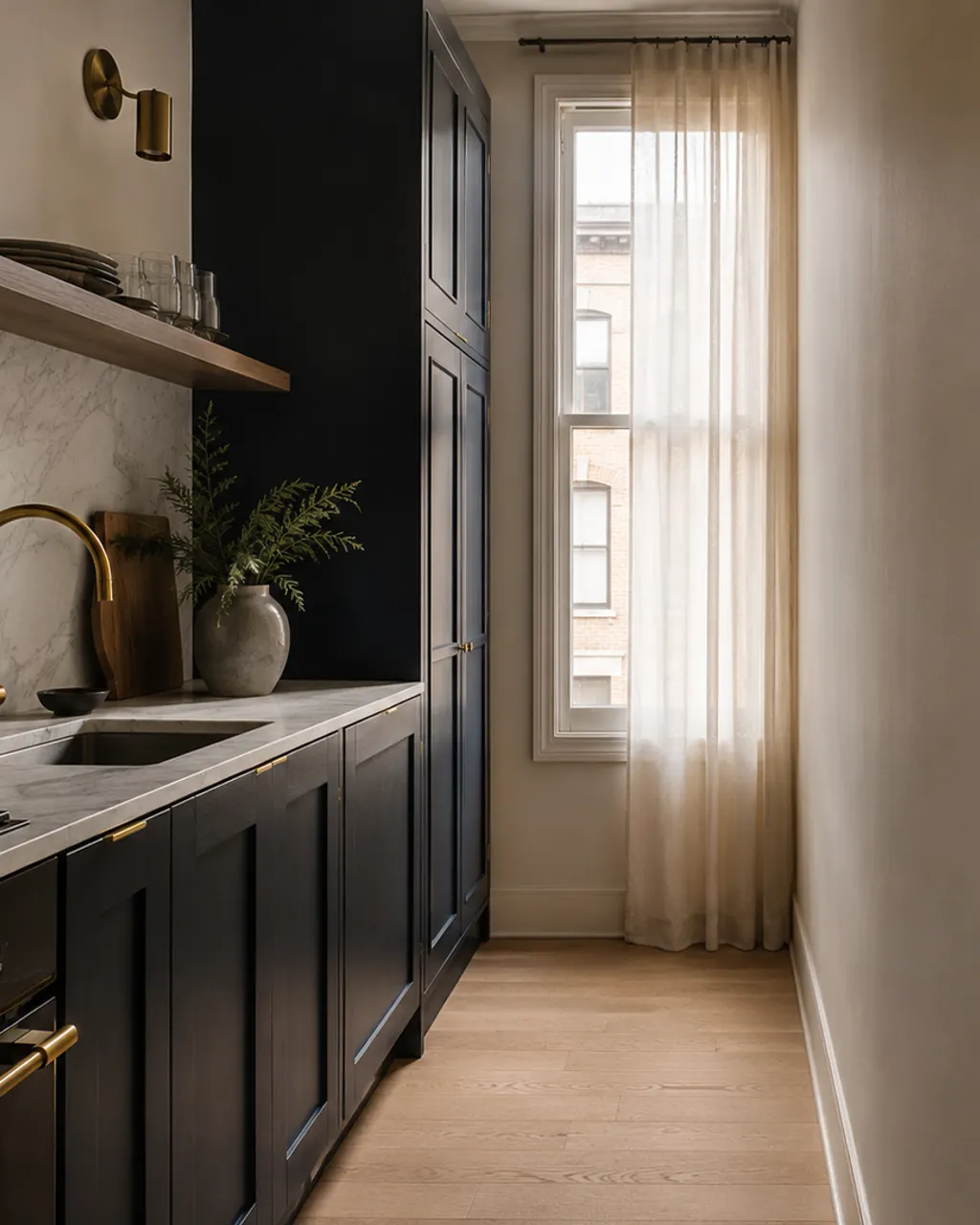 Cocina de piso lacada en azul marino con encimera de mármol y latón, en Gijón