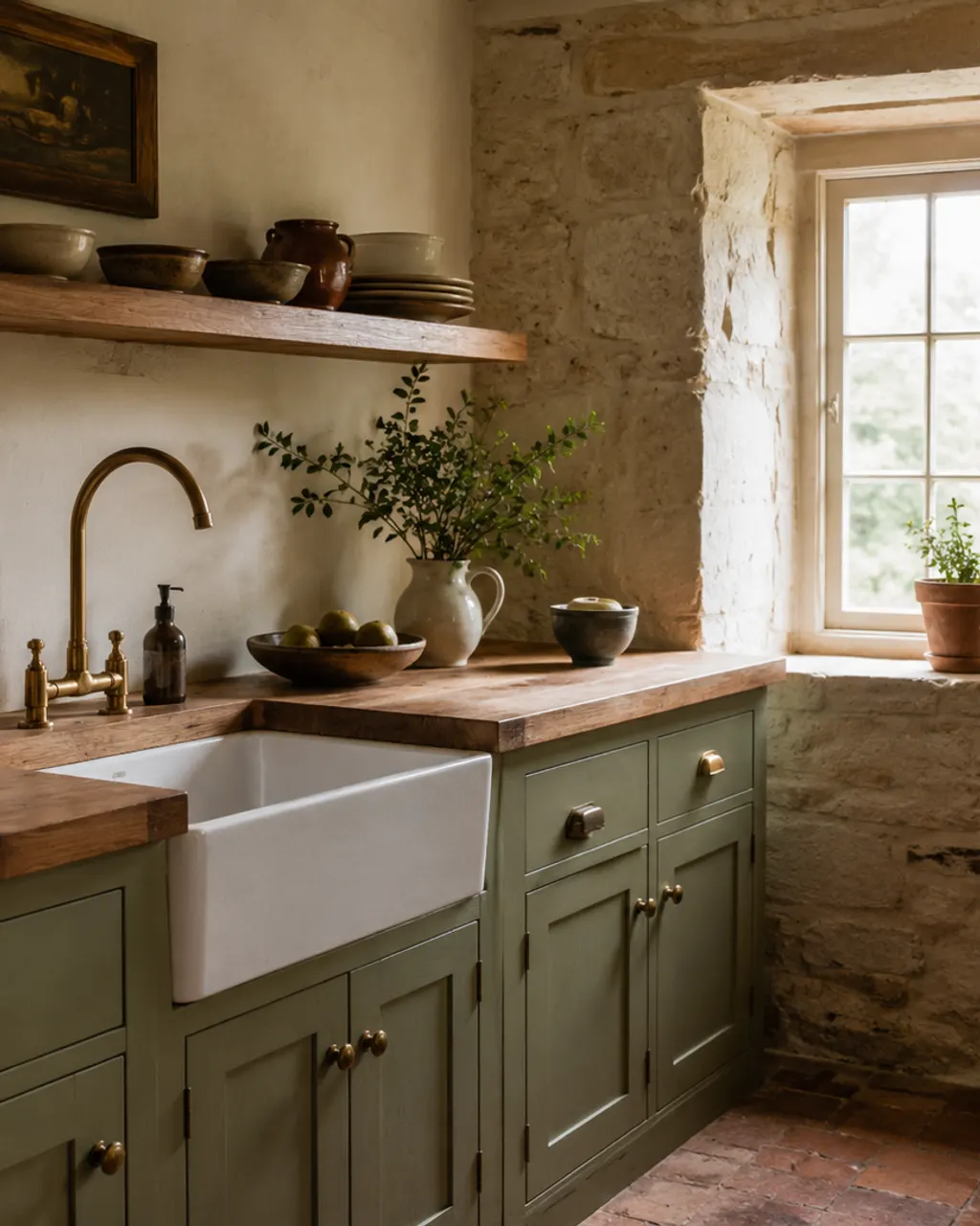 Cocina de casa de pueblo en verde salvia con encimera de roble macizo, en Asturias