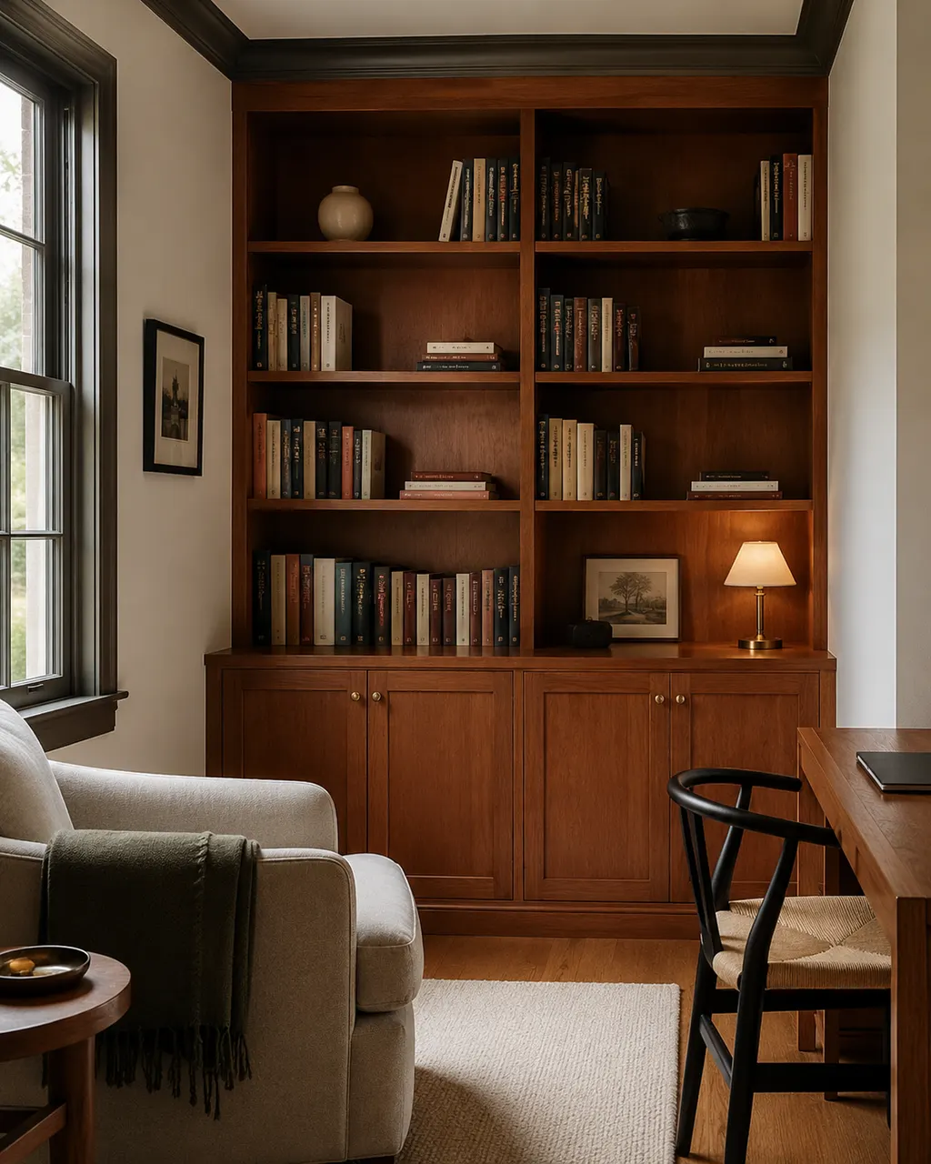 Librería en cerezo en un estudio pequeño, con lámpara de lectura, en Oviedo