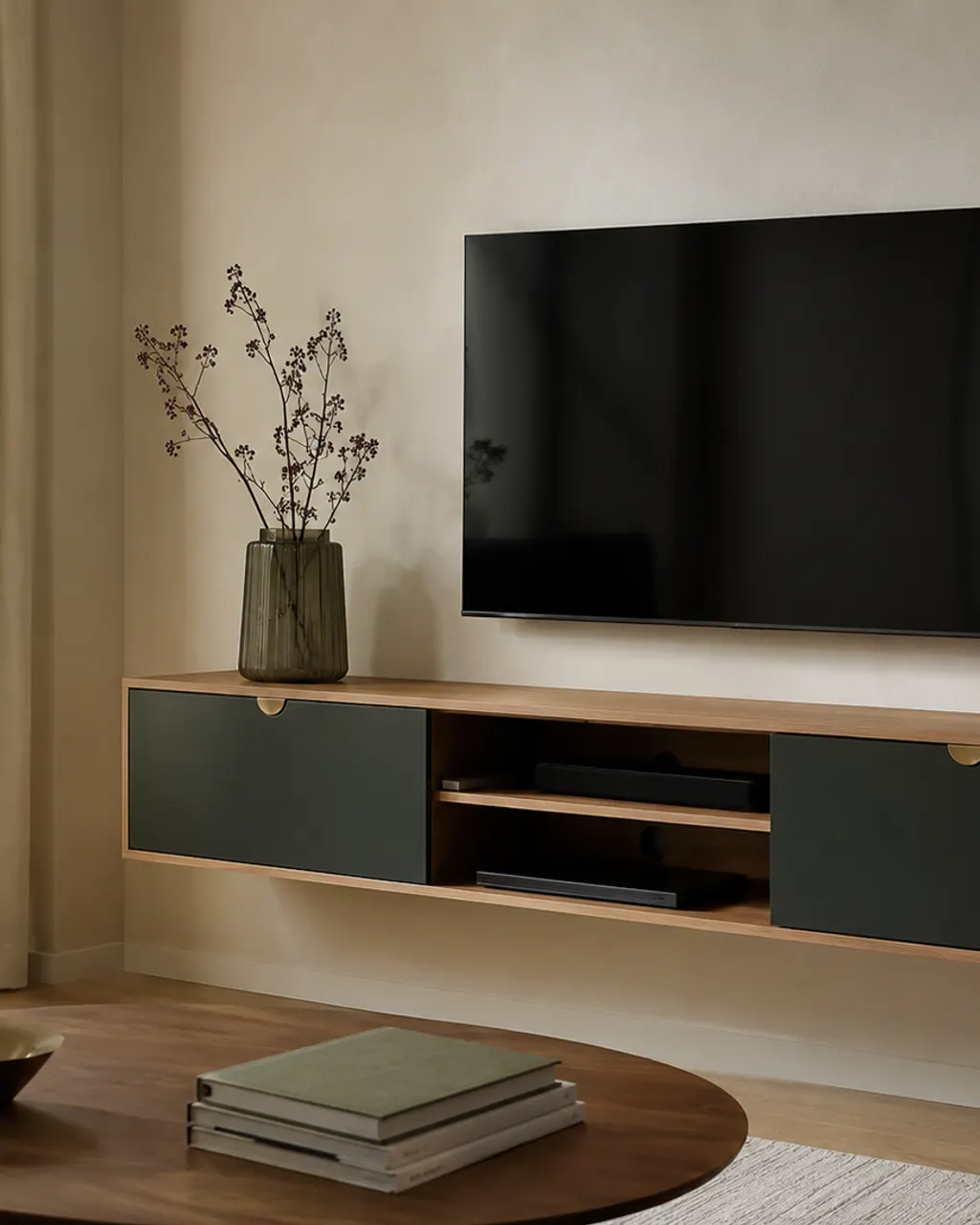 Mueble de salón flotante a medida con puertas lacadas, en Gijón