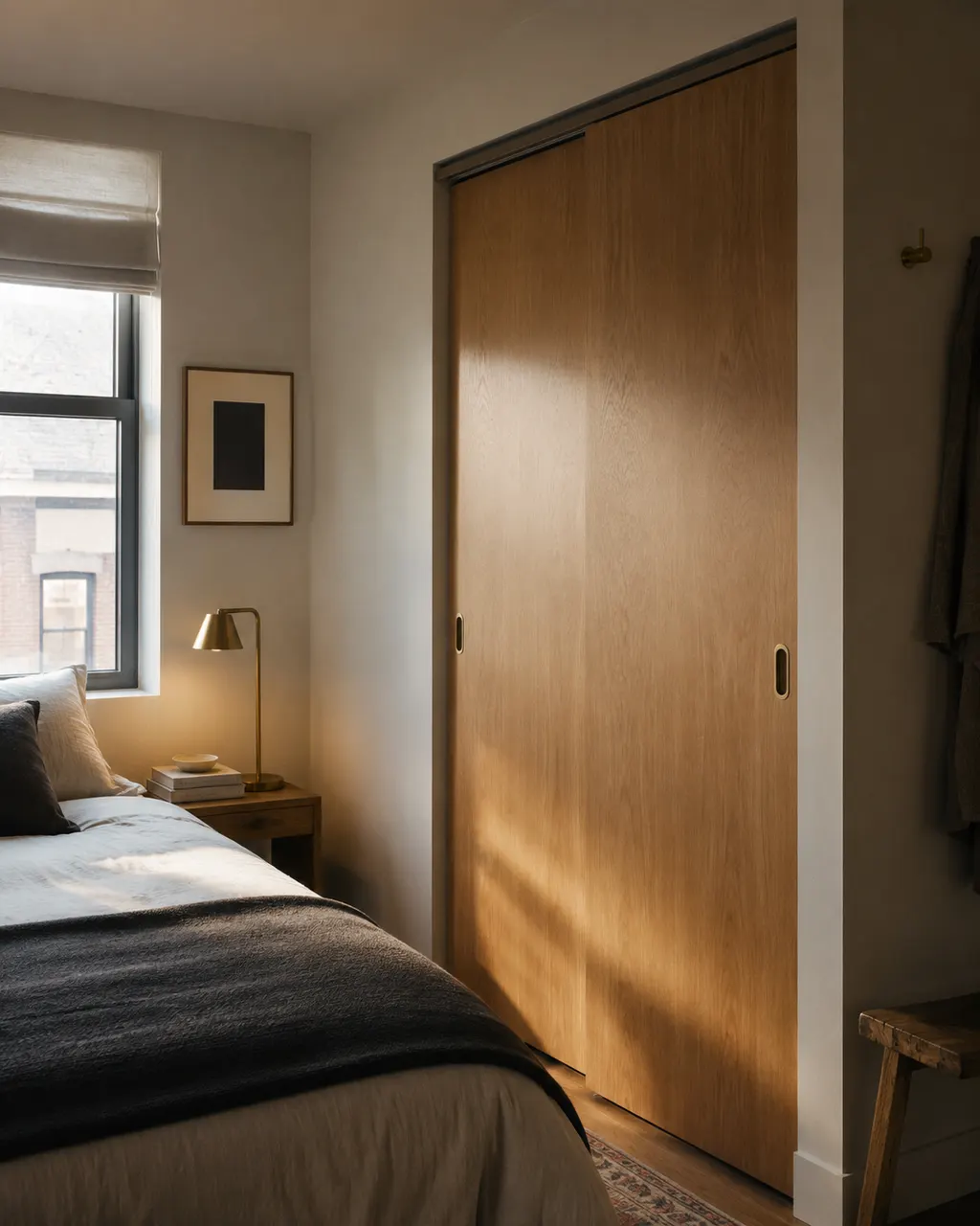 Vestidor de piso en roble aprovechando el hueco del dormitorio, en Avilés